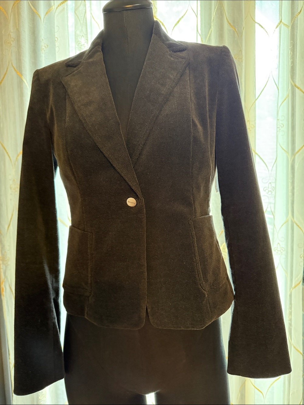 Tahari Dark Back and Gray Corduroy Blazer with Gold Button